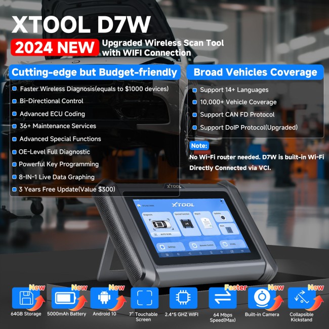 XTOOL D7W Smart WIFI Scanner ECU Coding All Systems Diagnostic Key Programmer Built-in CAN FD & DOIP 38+ Services