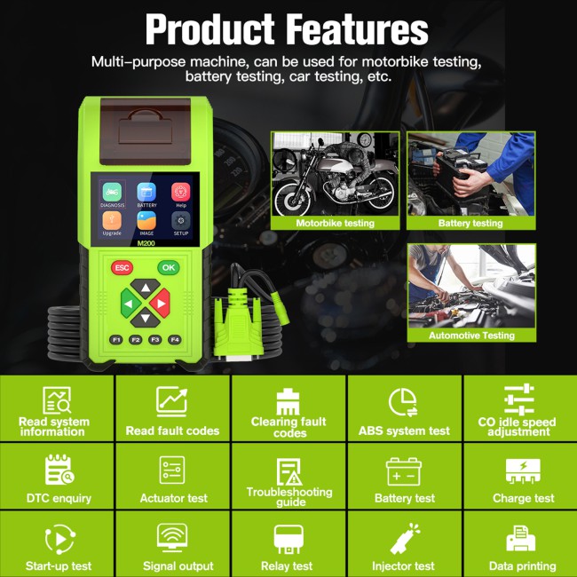 [Full Version] JDiag M200 Handheld Motorcycle Diagnostic Tool Dual System Motorcycle Tester + Professional Battery Tester