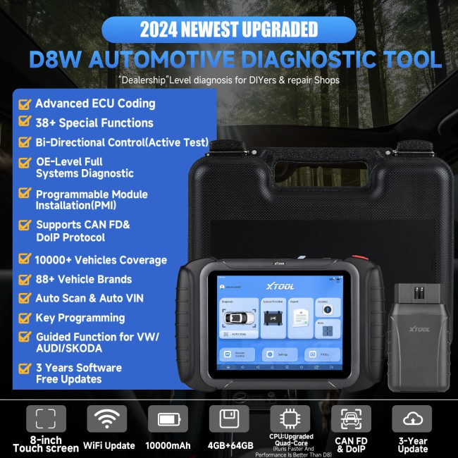 XTOOL D8W Smart OBD2 Scanner WIFI Car Diagnostic Tool With ECU Coding Active Test Key Programming 38 Resets CAN FD DOIP Topology