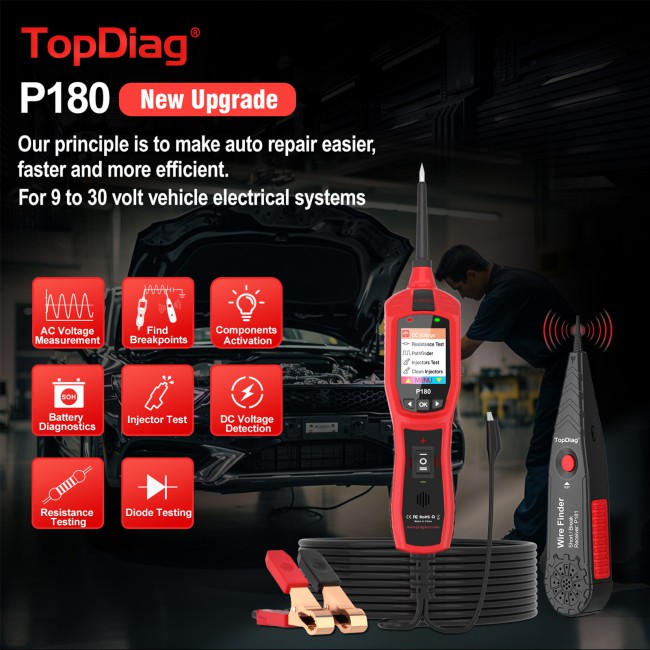TOPDIAG P180 for 9-30 Volts Vehicle Electrical System Daignostics Injectors Test Support Cars Pickups SUVs Motorcycles Excavators Steamships