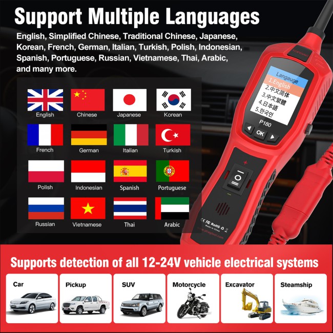 TOPDIAG P180 for 9-30 Volts Vehicle Electrical System Daignostics Injectors Test Support Cars Pickups SUVs Motorcycles Excavators Steamships