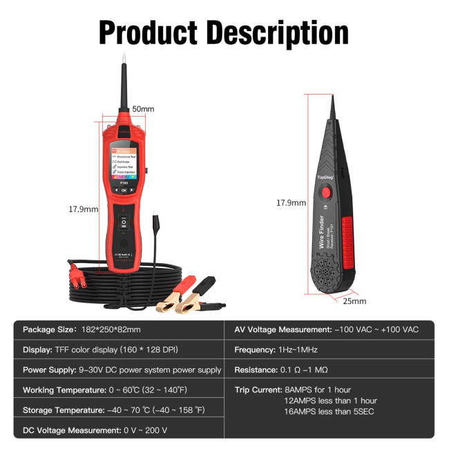 TOPDIAG P180 for 9-30 Volts Vehicle Electrical System Daignostics Injectors Test Support Cars Pickups SUVs Motorcycles Excavators Steamships