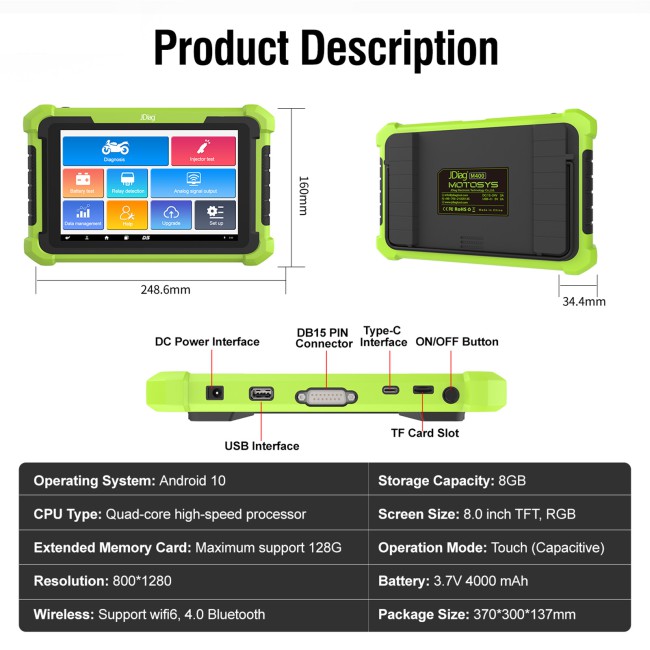 TOPDIAG M400 Intelligent Motorcycle Diagnostic Scanner 8-inch Large Screen ABS Diagnostic Analog Signal Output Battery Testing