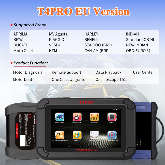 OBDEMOTO Motorcycle Scanner T4Pro with T51 Oscilloscope Lifetime Free Update Maintenance Light Reset Throttle Reset