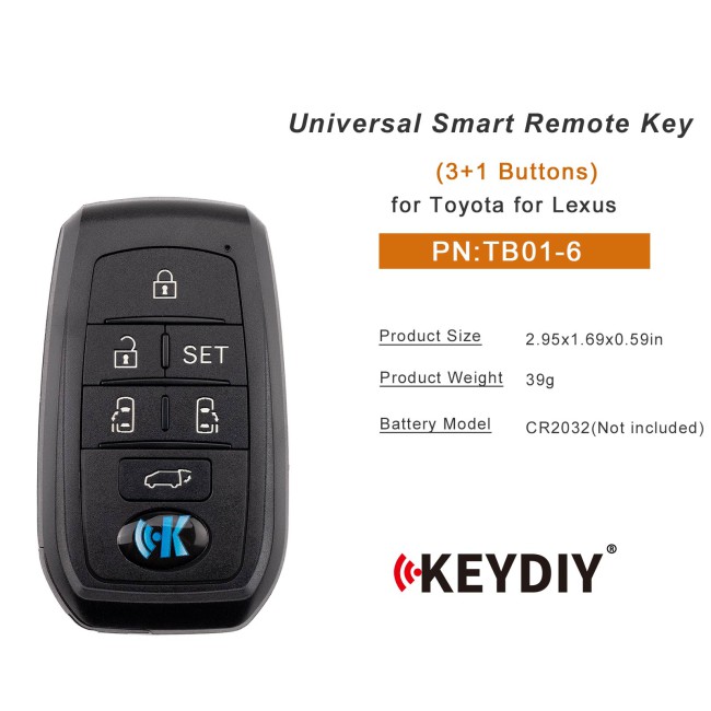[5Pcs/Lot] KEYDIY KD TB01-6  for Toyota for Lexus Universal Smart Remote Key 6 Buttons With 8A Transponder