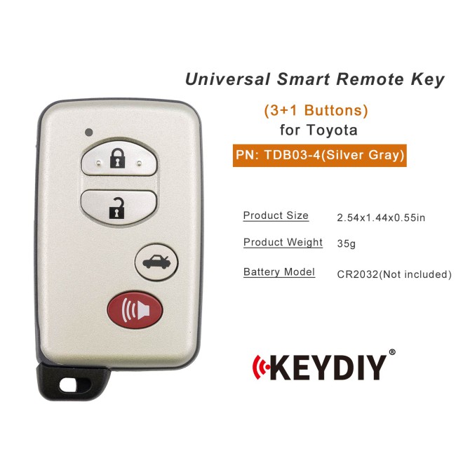 [5Pcs/Lot] KEYDIY KD TDB03-4(Silver Gray) for Toyota Universal Smart Remote Key 3+1 Buttons With Grey Key Shell