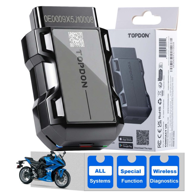 Topdon TopScan Moto Full-System Diagnostics with Auto VIN, Active Test, One-Click Scanning and Clearing Fault Codes