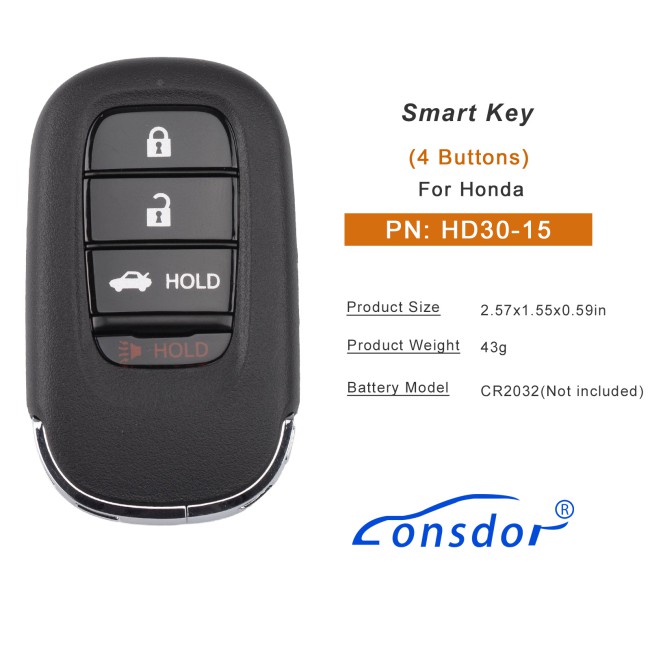 Lonsdor HD30-15 HD30 Smart Key 4 Buttons for Honda Supports ID46 ID47 ID4A