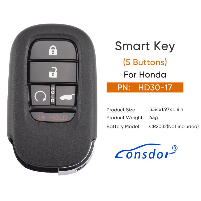 Lonsdor HD30-17 HD30 Smart Key 5 Buttons for Honda Supports ID46 ID47 ID4A