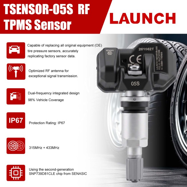 4 pcs/lot LAUNCH TSENSOR-05S RF TPMS Sensor (Overseas Configuration with Adjustable Angle Sandblasted Silver Aluminum)