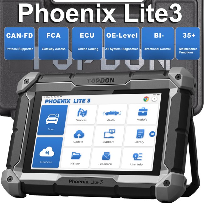 TOPDON Phoenix Lite3 OE-Level Scan Tool, 35 Service Functions, 8" Display, Bi-Directional Controls, CANFD & FCA