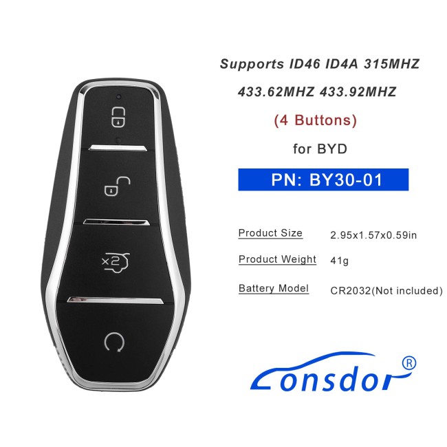 LONSDOR BY30-01 for BYD 4 Buttons Supports ID46 ID4A 315MHZ 433.62MHZ 433.92MHZ