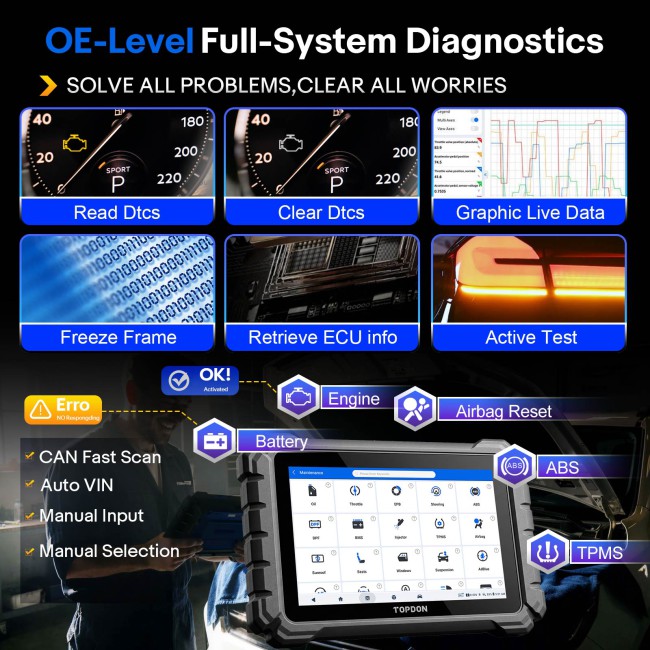 TOPDON ONE PLUS Professional 10.1" Automotive Diagnostic Tool Supports Hidden Functions Activation, 50+ Maintenance Functions, Battery Testing
