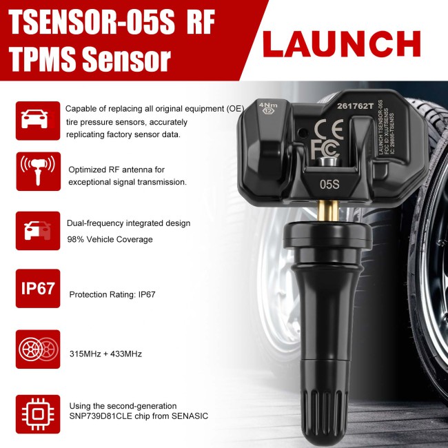 4pcs/lot LAUNCH TSENSOR-05S RF TPMS Sensor (Overseas Configuration Rubber Black)