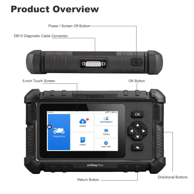 TOPDON ArtiDiag Moto 5 Inch Motorcycle Diagnostic Tool Support 15 Brands Motors 35+ Special Functions