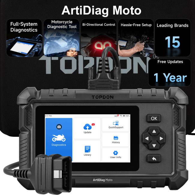 TOPDON ArtiDiag Moto 5 Inch Motorcycle Diagnostic Tool Support 15 Brands Motors 35+ Special Functions