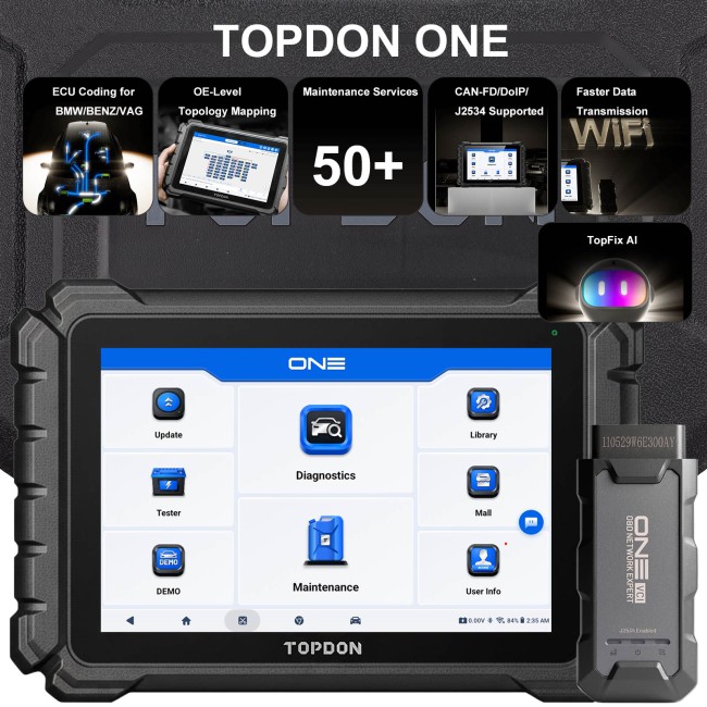 TOPDON ONE Professional 10.1 Inch; Automotive Diagnostic Tool, Supports 50+ Maintenance Functions, TopFix AI, J2534 Pass-Thru Programming