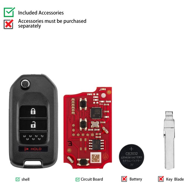 5pcs/lot XHORSE XKHO22EN for Honda Model (Foldable 2+1 Buttons) Second Generation Universal Remote Key