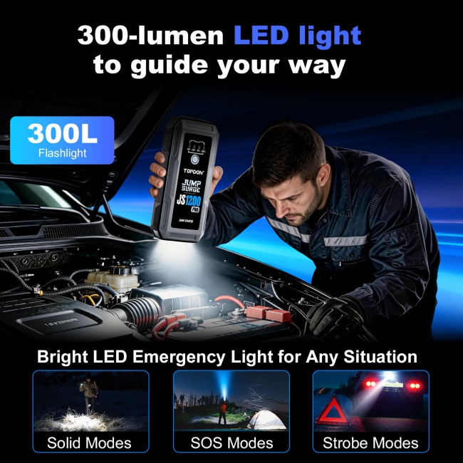 TOPDON JumpSurge JS1200Pro 1800 Peak Amp Battery Jumpstarter, Power Bank & Flashlight