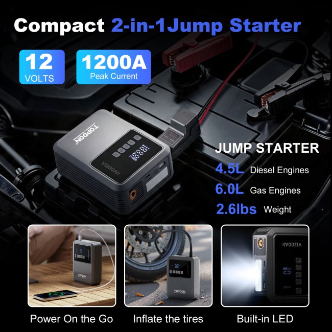 TOPDON V1200AIR 2-in-1 1200 Peak Amp Jump Starter & Tire Inflator