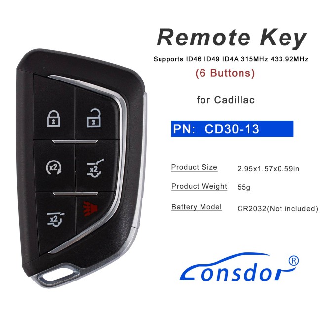 LONSDOR CD30-13 Remote Key 6 Buttons Supports ID46 ID49 ID4A 315MHz 433.92MHz for Cadillac