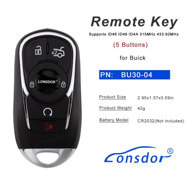 LONSDOR BU30-04 Remote Key 5 Buttons Supports ID46 ID49 ID4A 315MHz 433.92MHz for Buick
