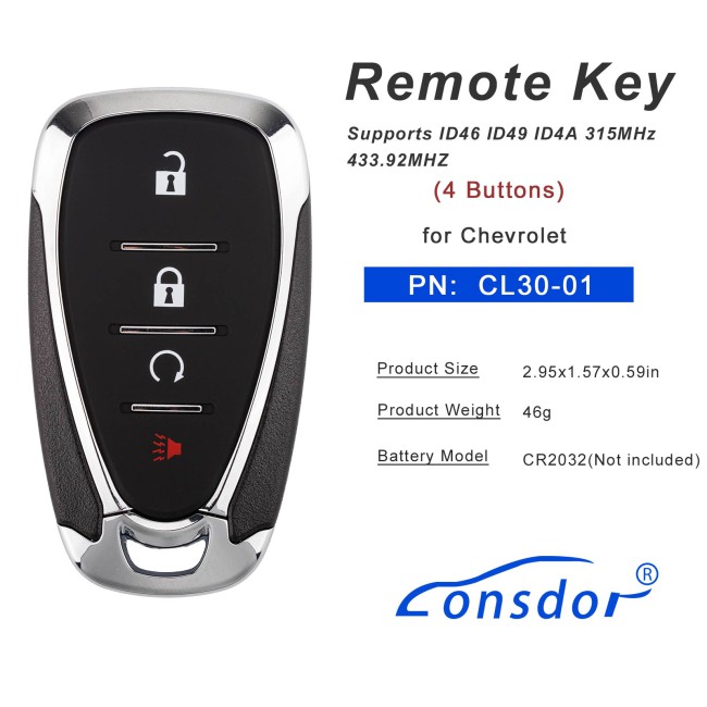 LONSDOR CL30-01 Remote Key 4 Buttons Supports ID46 ID49 ID4A 315MHz 433.92MHz for Chevrolet