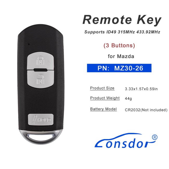 LONSDOR MZ30-26 Remote Key 3 Buttons Supports ID49 315MHz 433.92MHz for Mazda