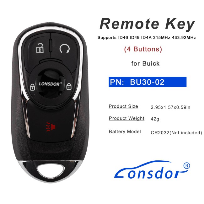 LONSDOR BU30-02 Remote Key 4 Buttons Supports ID46 ID49 ID4A 315MHz 433.92MHz for Buick