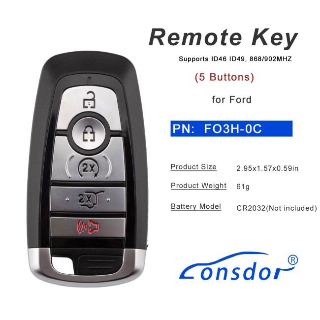 LONSDOR FO3H-0C High Frequency Remote Key 5 Buttons for Ford Supports ID46 ID49, 868/902MHZ