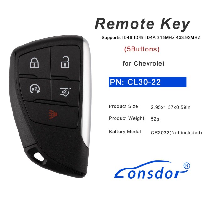 LONSDOR CL30-22 Remote Key 5 Buttons Supports ID46 ID49 ID4A 315MHz 433.92MHZ for Chevrolet
