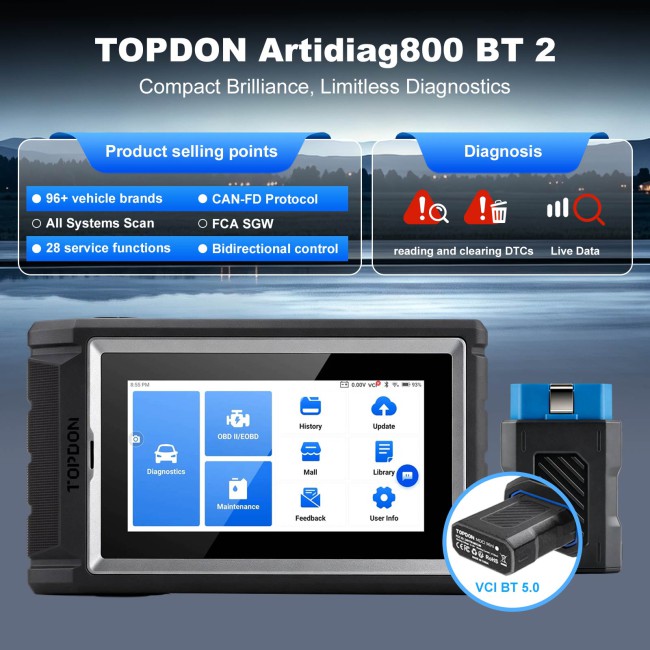 TOPDON Artidiag800 BT Artidiag 800 BT Mid-level Diagnostic Tool All System Diagnostics 28 Maintenance Service AutoVin & AutoScan Lifetime Free Update