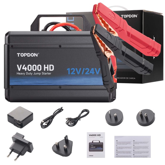 TOPDON V4000 HD 12V/24V 4000A Jump Starter Supports 60 Starts for Passenger vehicles & Light-duty, Fast Charge to  Full Power in 3.5H