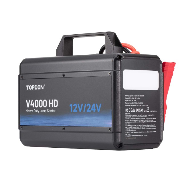 TOPDON V4000 HD 12V/24V 4000A Jump Starter Supports 60 Starts for Passenger vehicles & Light-duty, Fast Charge to  Full Power in 3.5H