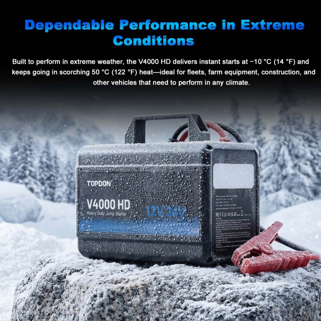 TOPDON V4000 HD 12V/24V 4000A Jump Starter Supports 60 Starts for Passenger vehicles & Light-duty, Fast Charge to  Full Power in 3.5H