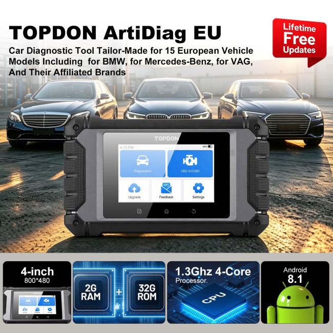 TOPDON ArtiDiag EU 4" Scan Tool for Euro Vehicles, ECU Coding,  Lifetime Free Updates, Full OBDII Modes, Full System Diagnostics