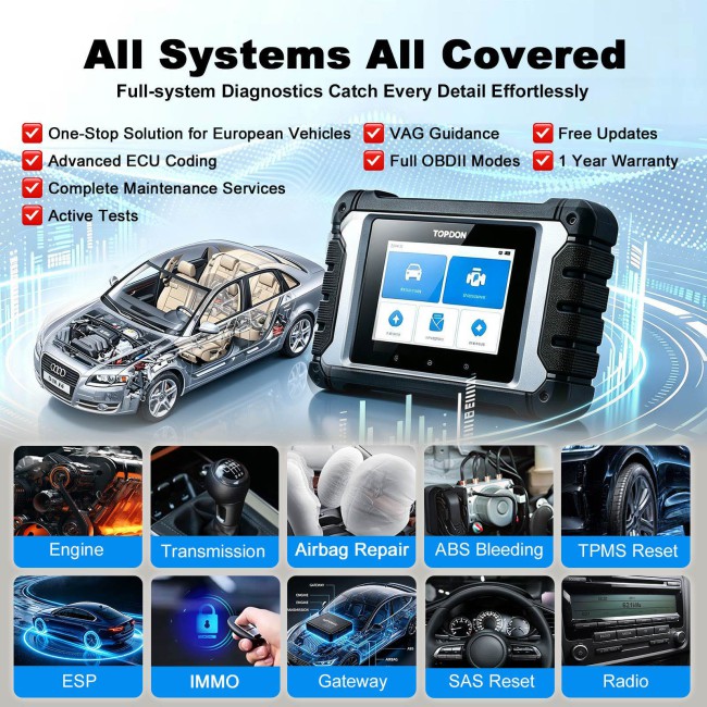 TOPDON ArtiDiag EU 4" Scan Tool for Euro Vehicles, ECU Coding,  Lifetime Free Updates, Full OBDII Modes, Full System Diagnostics