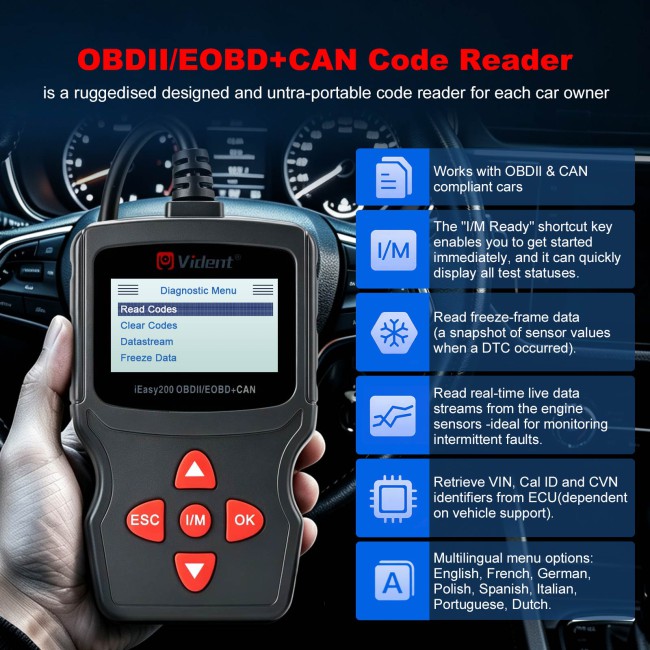 VIDENT iEasy200 OBDII/EOBD+CAN Code Reader for Vehicle Checking Engine Light Car Diagnostic Scan Tool