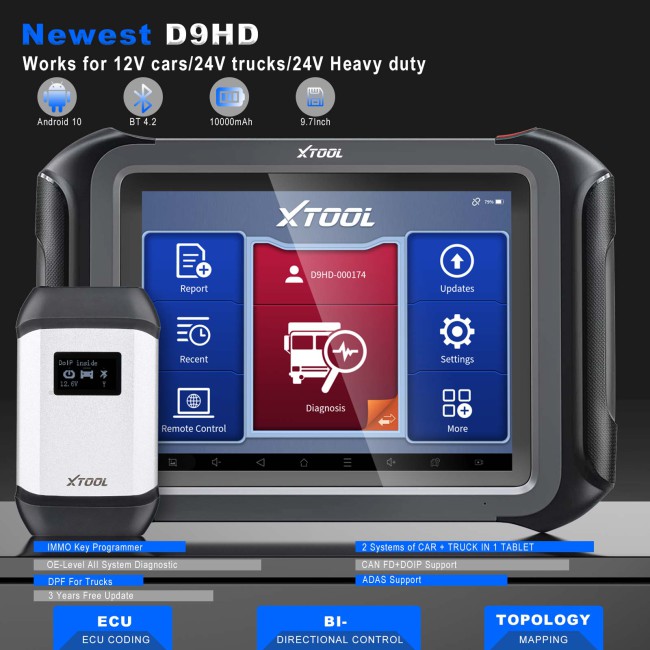 XTOOL D9 HD Truck Diagnostic Tool Car Diagnostic Instrument 12V Car 24V Heavy Duty Truck 42+Special Functions Topology Mapping