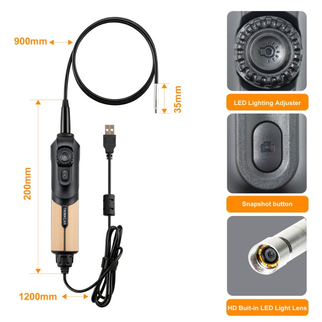 THINKCAR USB Endoscope TES102 with 5.5mm IP67 Tip & 6-Adjustable LED Lights 1280*720 Definition, Works with THINKSCAN 689BT/MUCAR 892BT/MUCAR VO8