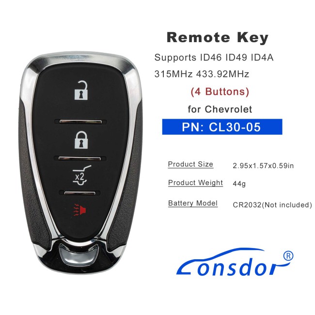 LONSDOR CL30-05 Remote Key 4 Buttons Supports ID46 ID49 ID4A 315MHz 433.92MHz for Chevrolet