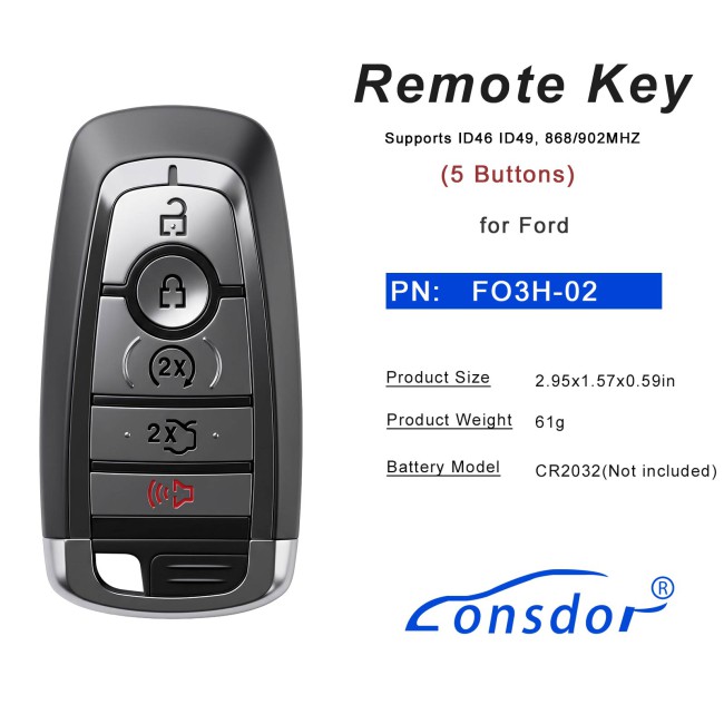 LONSDOR FO3H-02 High Frequency Remote Key 5 Buttons for Ford Supports ID46 ID49, 868/902MHZ