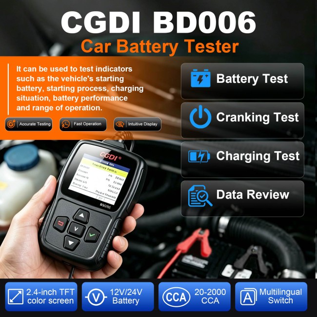 CGDI BD006 Car Battery Tester Supports Testing Vehicle's Starting Battery, Cranking Test, Charging Test, Battery Test, SOH, SOC